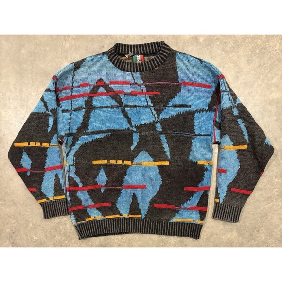 Vintage 80s 90s Wool Blend Sweater Geometric Funky Pattern Cosby Medium Italy